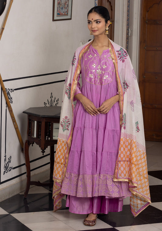 Utsav Rich Lilac Anarkali suit Set with Gota Work. (set of 3)