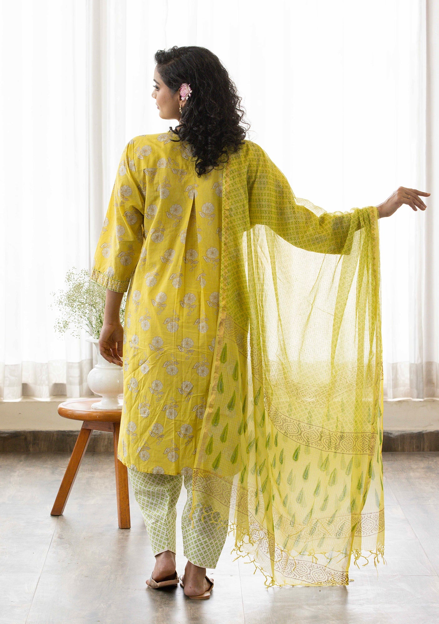 Yellow floral discharge print suit set (set of 3)