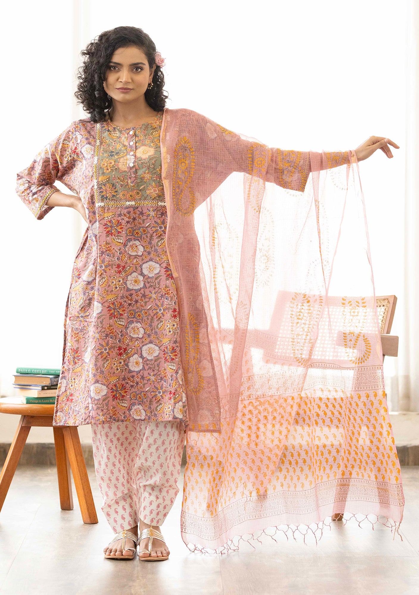 Dusty Pink Sanganeri print suit set (set of 3)