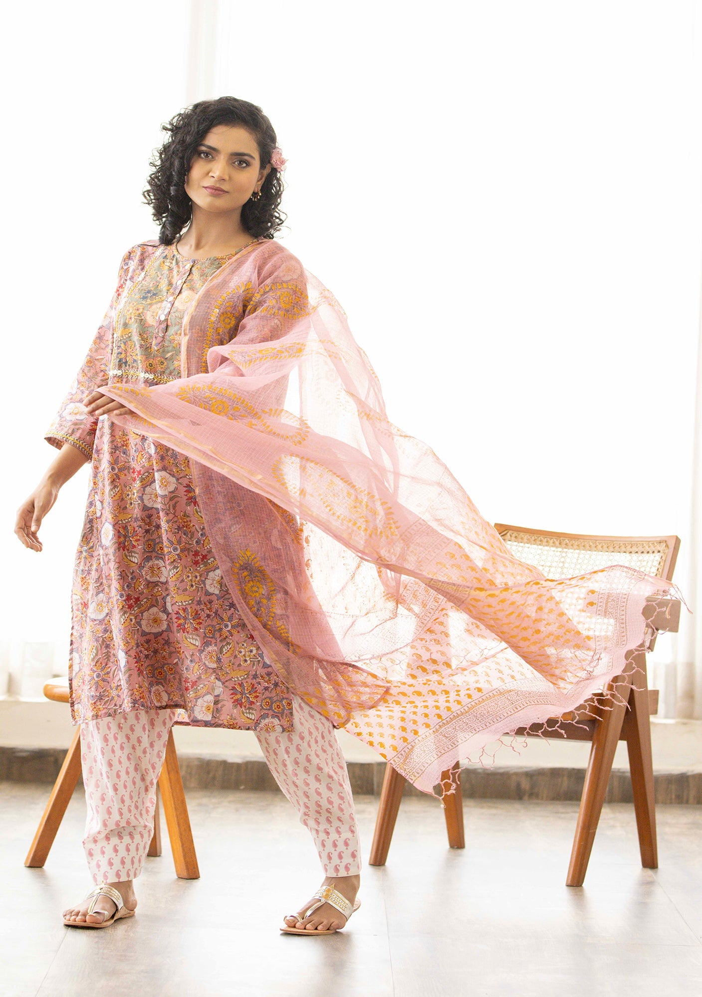 Dusty Pink Sanganeri print suit set (set of 3)