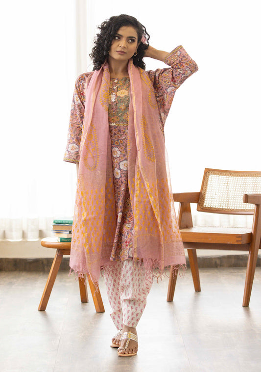 Dusty Pink Sanganeri print suit set (set of 3)