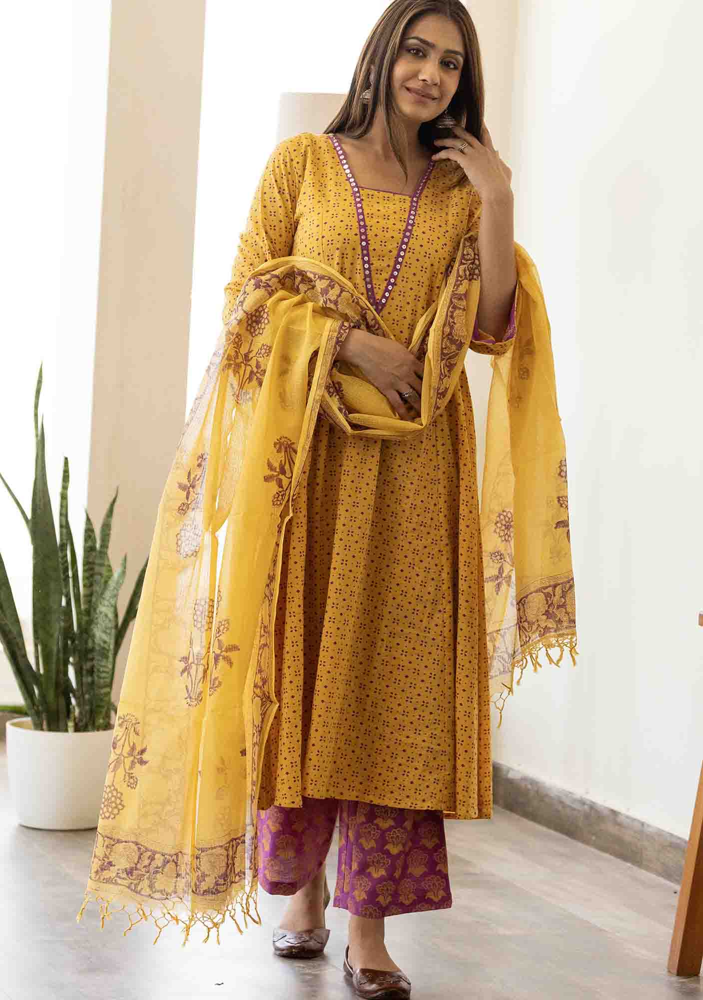 Discharge Gold Yellow Print Aline Kurta with Pant and Dupatta. (set of 3)