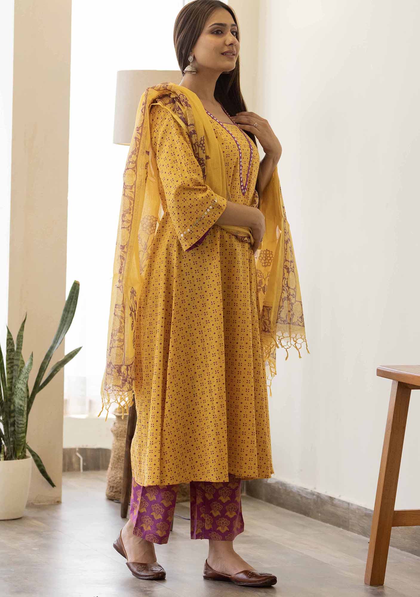 Discharge Gold Yellow Print Aline Kurta with Pant and Dupatta. (set of 3)