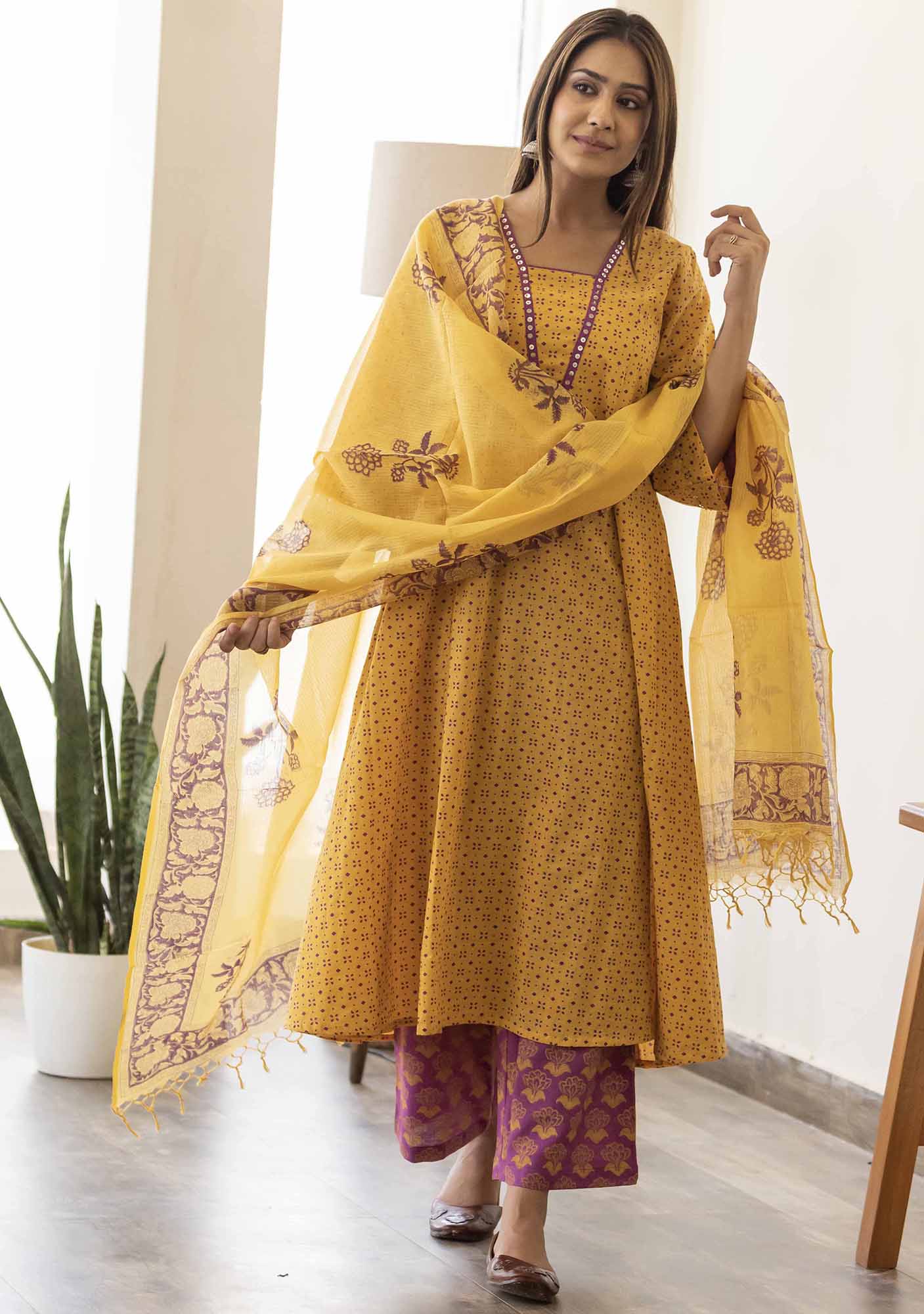 Discharge Gold Yellow Print Aline Kurta with Pant and Dupatta. (set of 3)