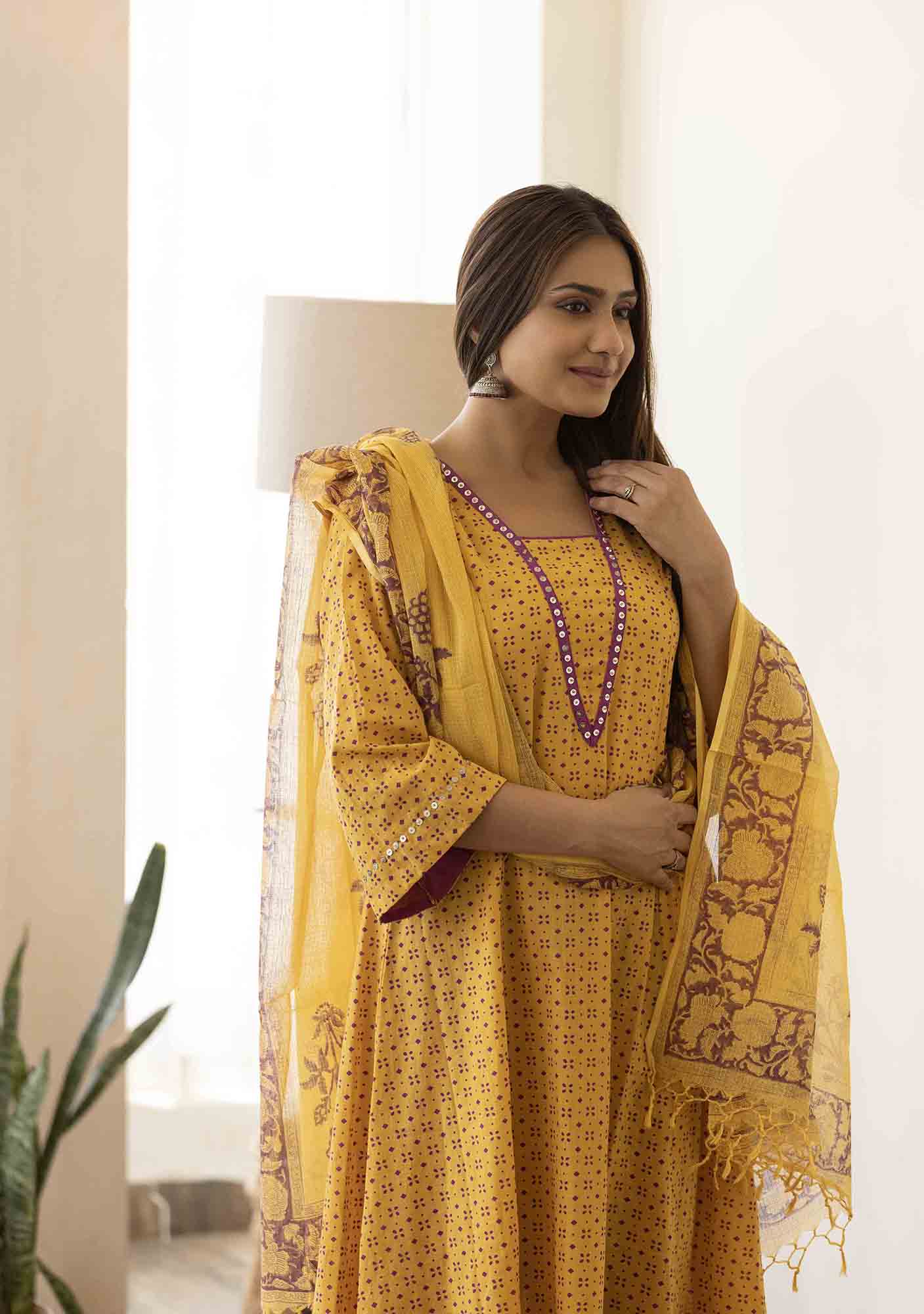 Discharge Gold Yellow Print Aline Kurta with Pant and Dupatta. (set of 3)