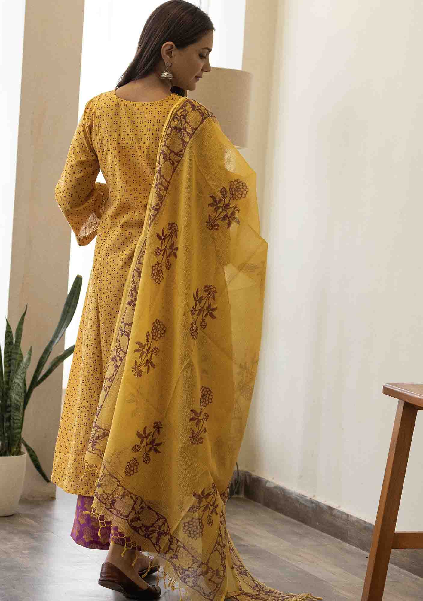 Discharge Gold Yellow Print Aline Kurta with Pant and Dupatta. (set of 3)