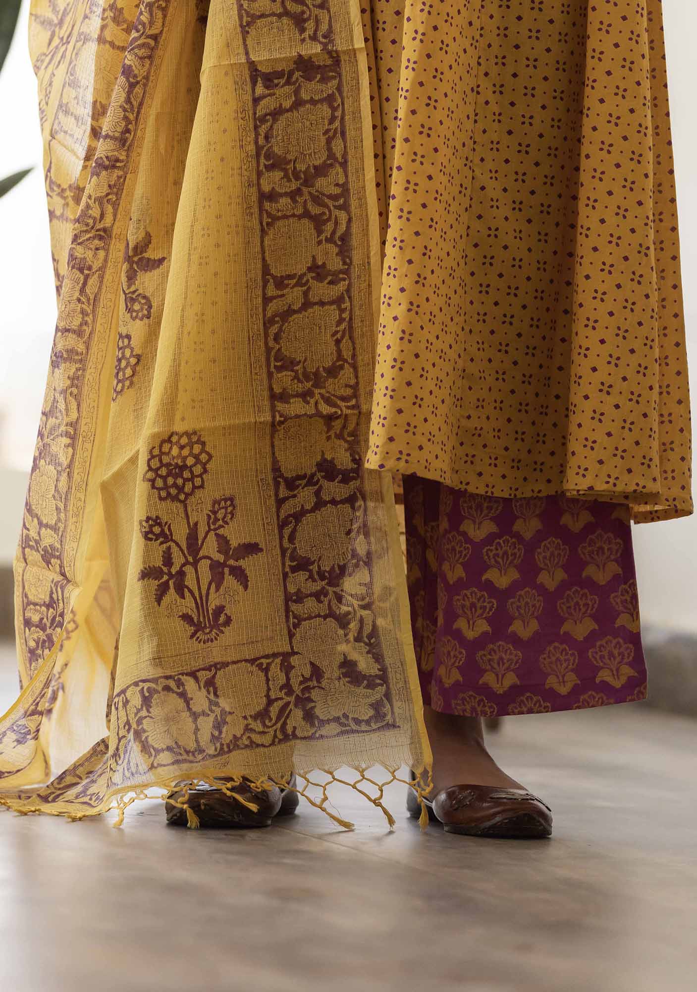 Discharge Gold Yellow Print Aline Kurta with Pant and Dupatta. (set of 3)