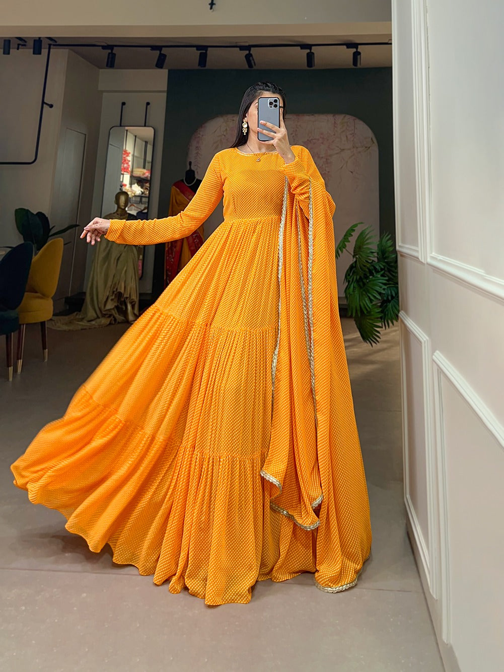 Golden Yellow Georgette Anarkali Gown with Dupatta