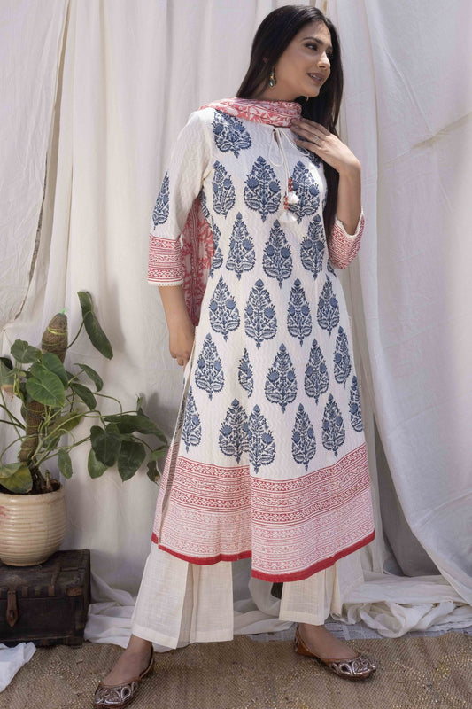 Dobby Blue Hand-Block Print A-line Kurta Set (Set of  3)